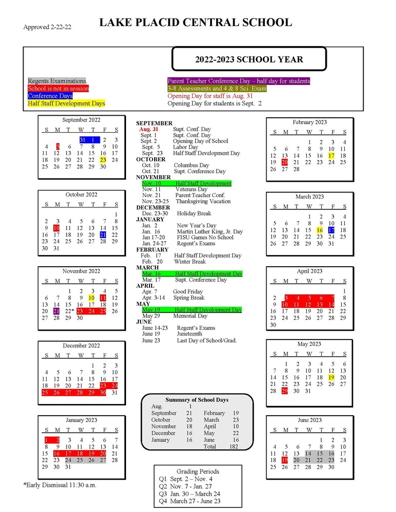 2022 23 Updated District Calendar Lake Placid Central School District